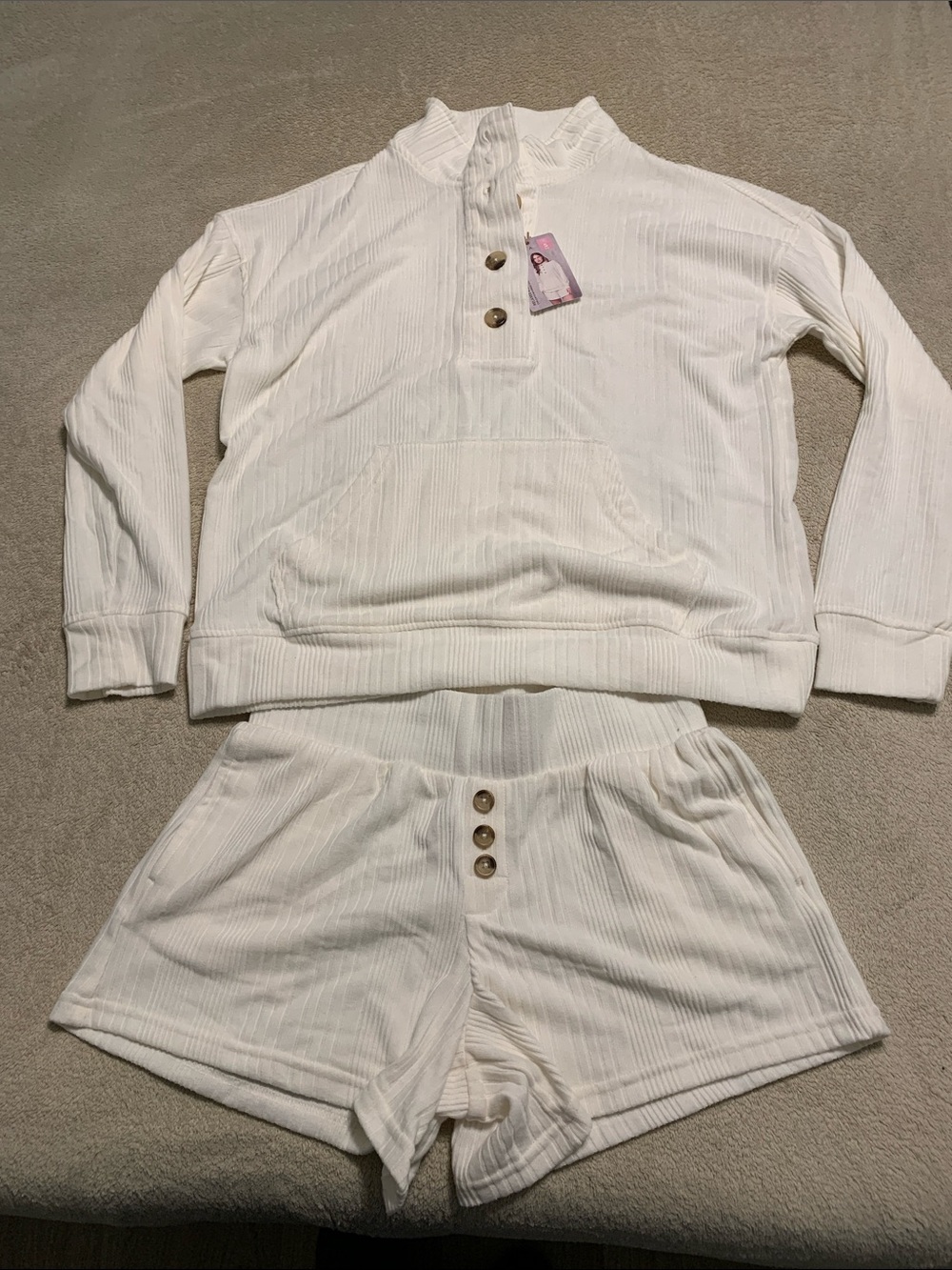 Serra Cream Ribbed Lounge Pullover & Shorts Set